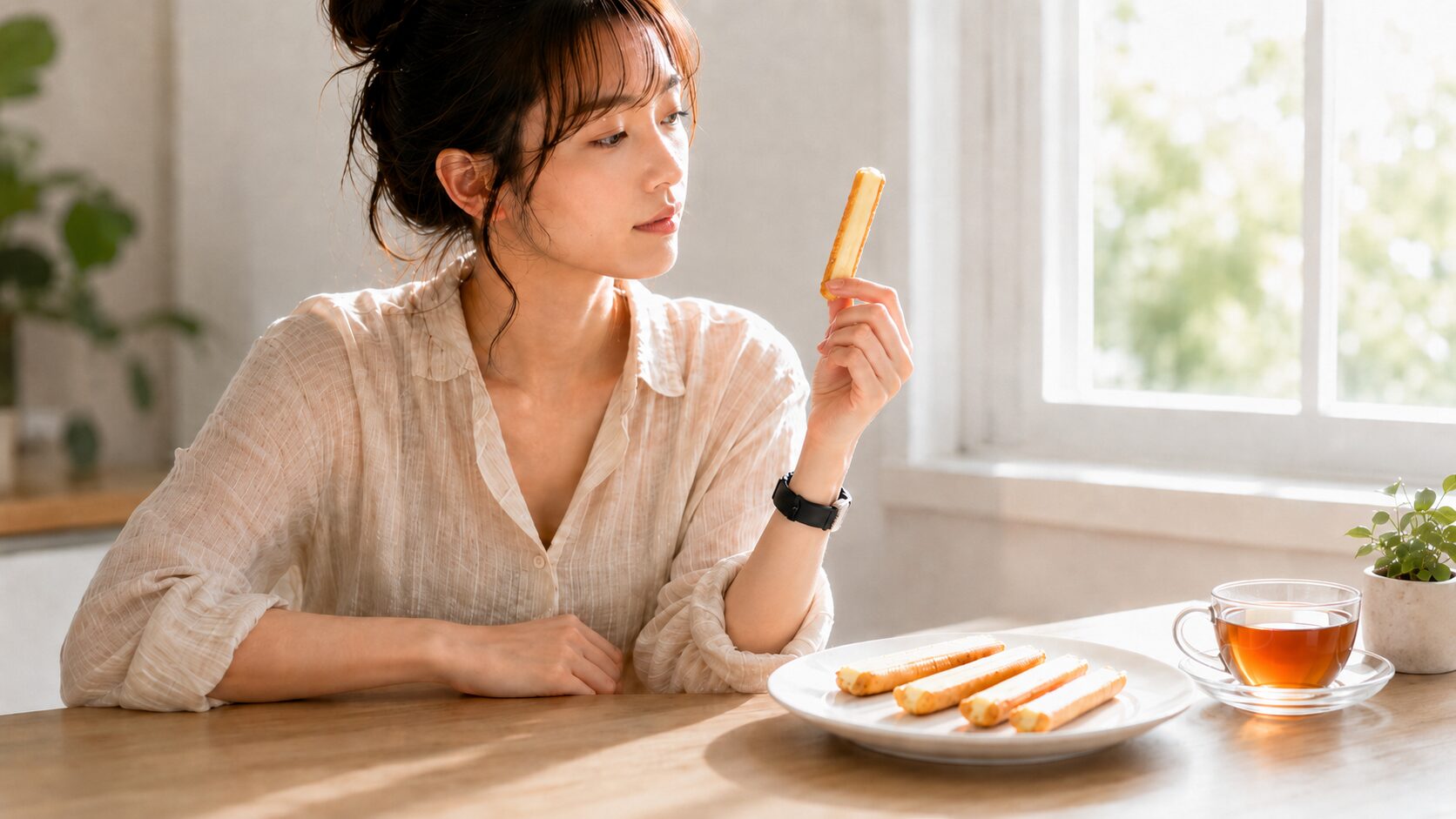 三喜屋の高級おかき(欧風チーズ)を女性が紅茶と愉しんでいる様子のイメージ画像(作成:株式会社三喜屋)